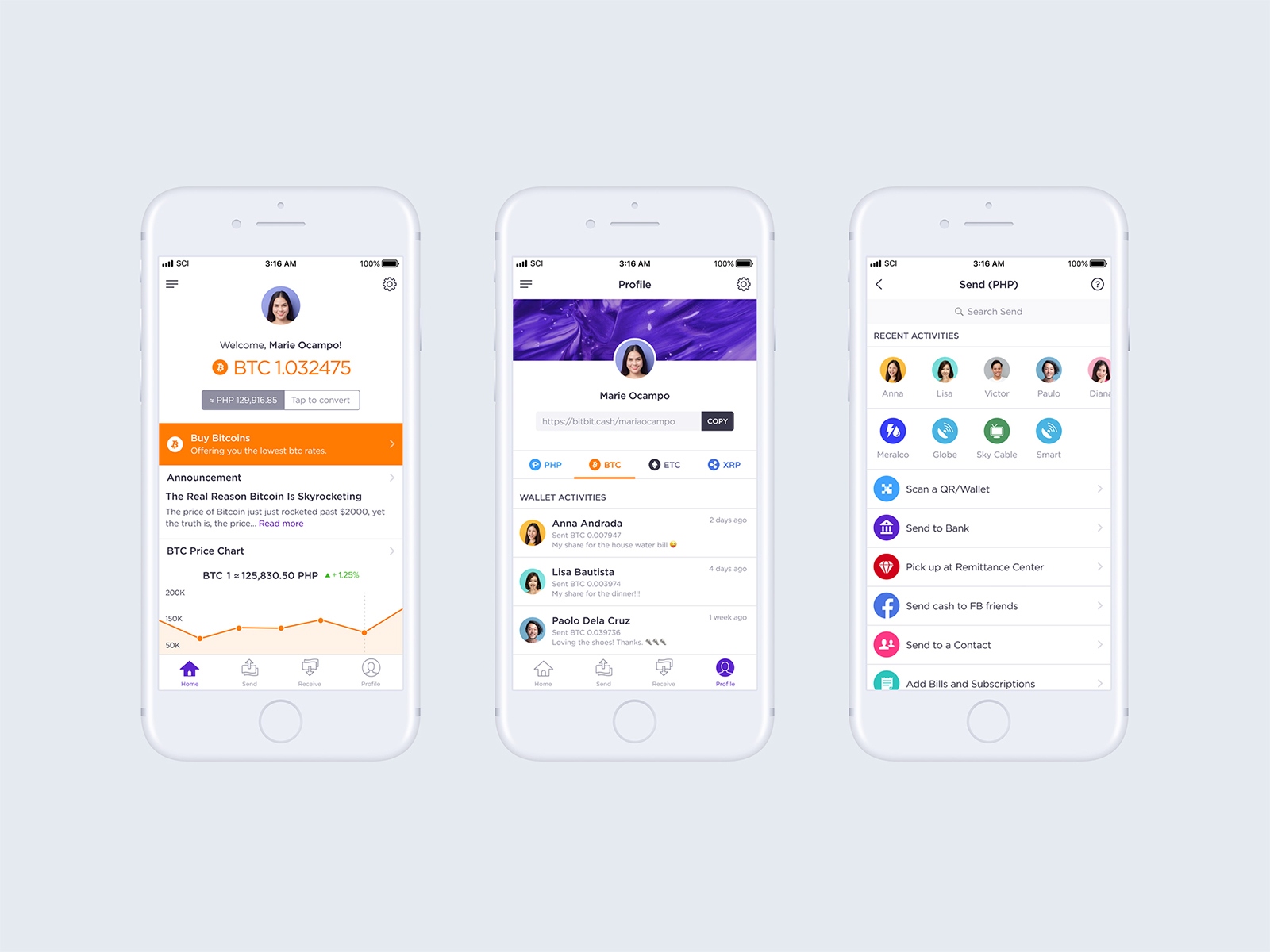 Bitbit Cash - Home, Profile and Actions screens in iOS
